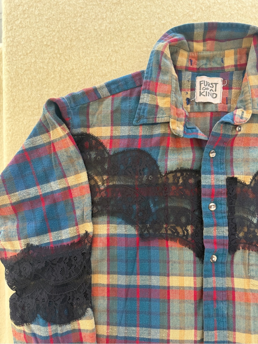 Furst of a Kind Reworked Plaid Flannel Shirt w/ Black Lace